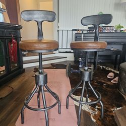 2 Brown Leather Bar Stools