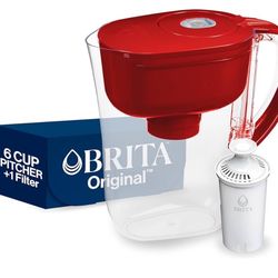 Brita Water Filter Pitcher for Tap and Drinking Water with 1 Standard Filter, Lasts 2 Months, 6-Cup Capacity, BPA Free, Red