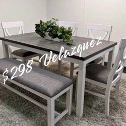 ✅️✅️(6 pc white & grey finish wood dining table set grey padded seat chairs and bench✅️✅️✅️