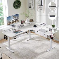 ❤️‍🔥 60-inch L-shaped standing electric desk, height-adjustable corner desk with drawers, keyboard tray, power outlets and LED lights, desk for$150