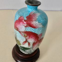 Antique Mini Japanese Foil Cloisonné Vase Koi Fish + Wood Stand
