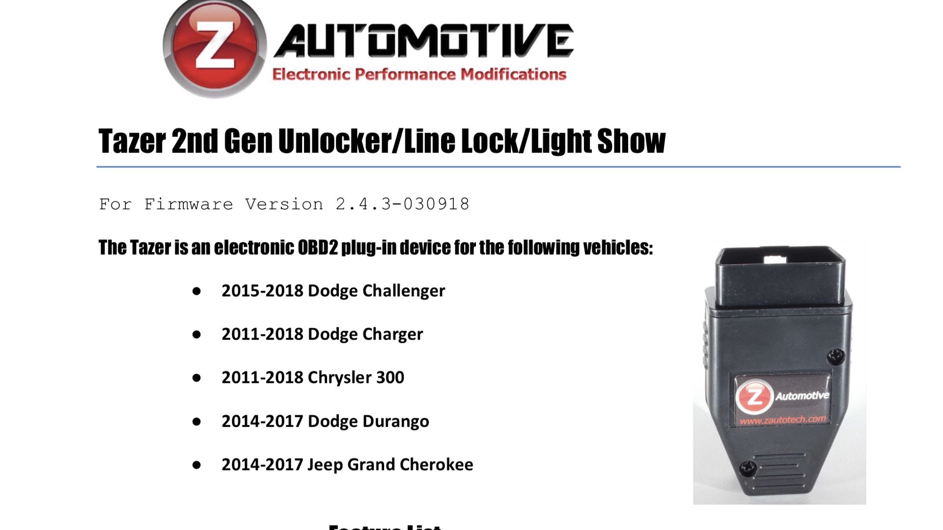 Zautomotive tazer for Dodge Charger ,challenger, 300, Durango & grand Cherokee