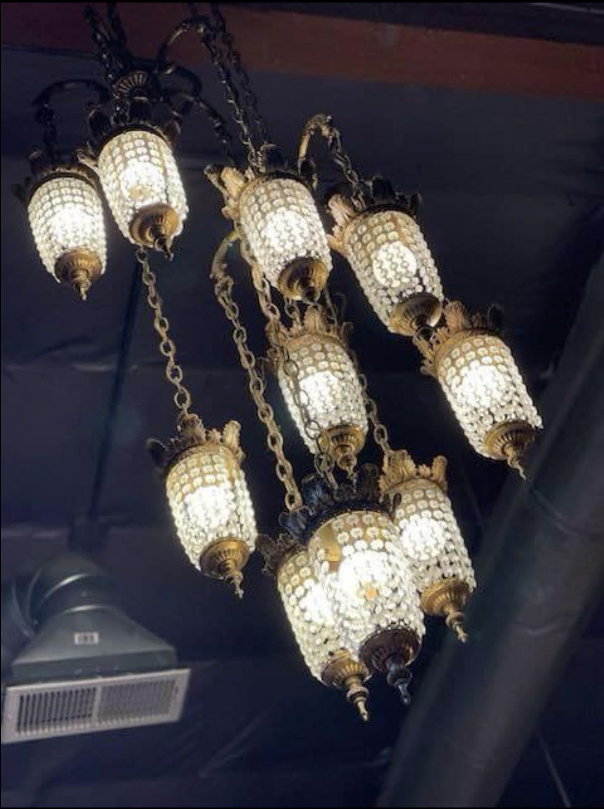 Antique Rare Set of two Hollywood Hanging Crystal Lamps/chandelier, Five lights on each