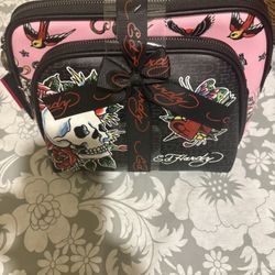 Pink and black vintage Ed Hardy makeup bag 