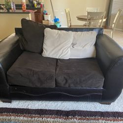 2 Pc Brown Leather & Fabric Couch & Loveseat