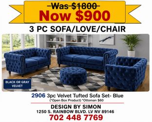 Blue velvet Sofa loveseat chair  set
