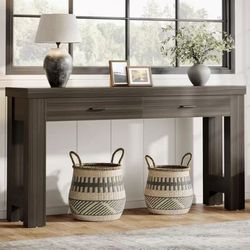 HL0278 63" Console Table with 2 Drawers, Farmhouse Wood Entryway Table with H-Shaped Sturdy Legs for Hallway, Living Room, Dark Gray
