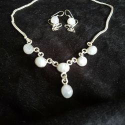 Sterling Silver And Moonstone Set With Necklace and Earrings 
