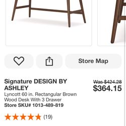 Signature DESIGN BY ASHLEY Lyncott 60 in. Rectangular Brown Wood Desk With 3 Drawer
