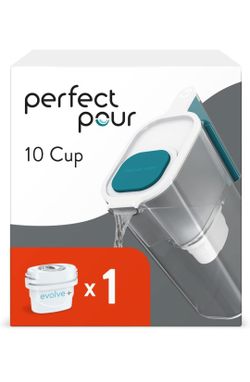 Perfect Pour Large 10 Cup Water Filter Pitcher by Aqua Optima, Reduces Microplastics, Ergonomic, Eliminates Splashes/ Spills, BPA Free 2 Filters Total