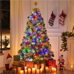 Pre-lit Christmas Tree, Hinged Fir with Foldable Stand Flocked Artificial Tree Holiday Decoration with Multicolored LED Lights