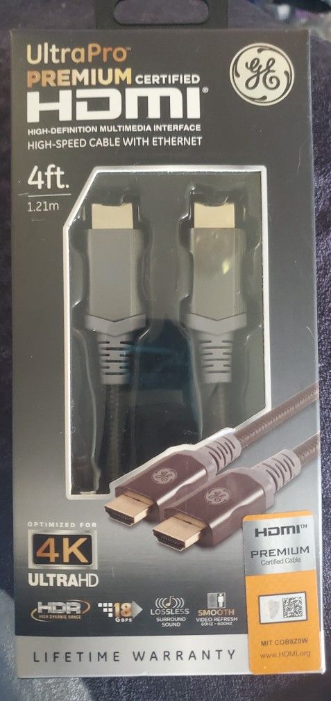 G.E. PREMIUM HDMI HIGH SPEED ETHERNET CABLE. CERTIFIED. 4 FT.