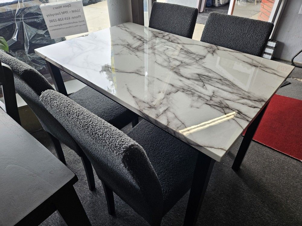 Brand New White Faux Marble Dining Table (Table: 43" x 28" x 30” H;) + 4 Charcoal Linen Chairs (Chair: 17" x 22" x 35"H)