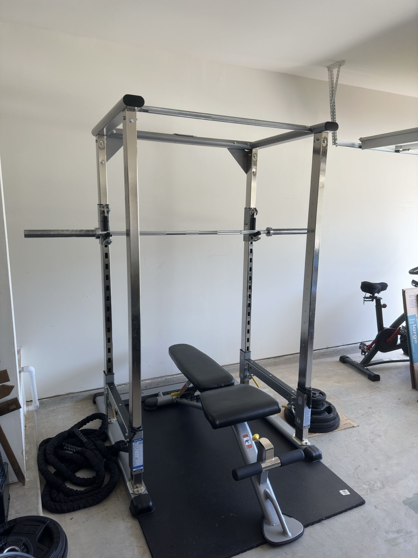 Power Cage, Olympic Barbell w/ plates, Bench