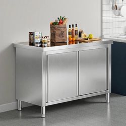 48-Inch Stainless Steel Work Table with Cabinet 48 x 24 x 34 In, Food-Grade Stainless Steel, Sliding Doors, Enclosed Storage, for Home, Restaurant, Ga