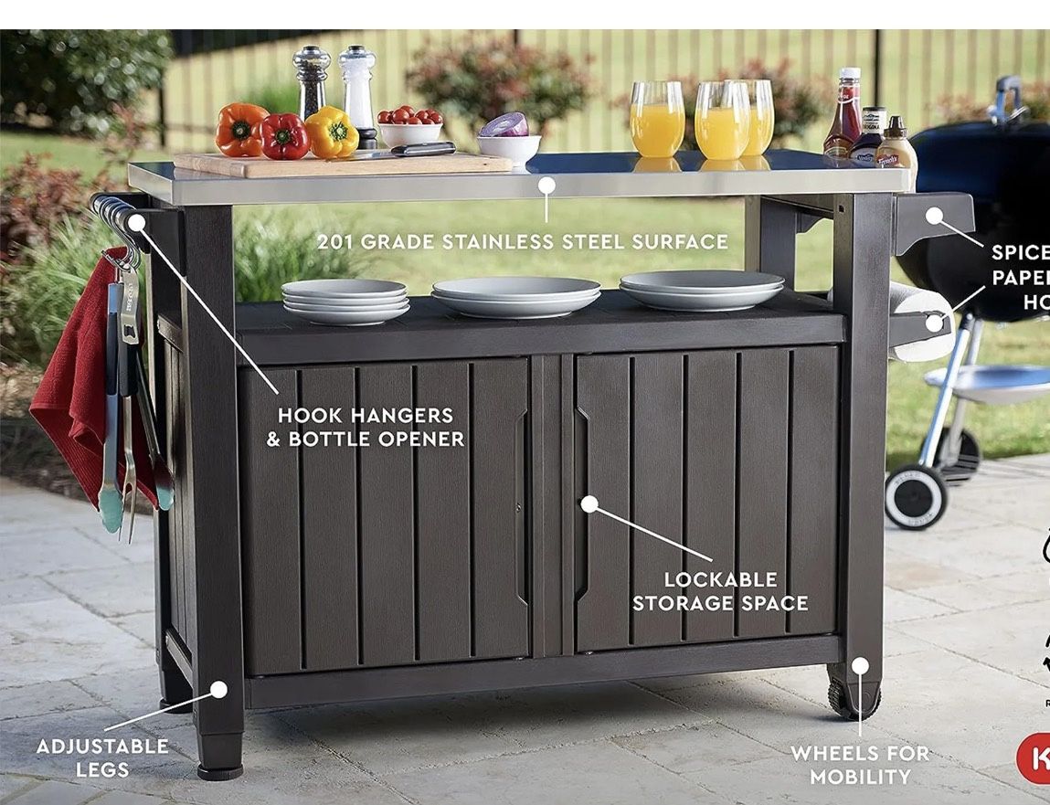 Store Keter Unity XL Portable Mesa Exterior y Armario de Almacenamiento con Ganchos Accesorios Marrón Espresso