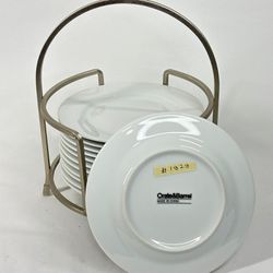 #1929 Crate & Barrel White Cambridge 6" Appetizer Plate w/ Stand Set of 12