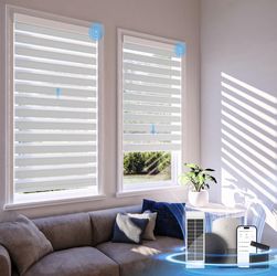 Motorized Zebra Blinds with Remote Control,Solar Powered Rechargeable Dual Layer Smart Blinds,Horizontal Wireless Electric Cordless Blinds,Custom Size