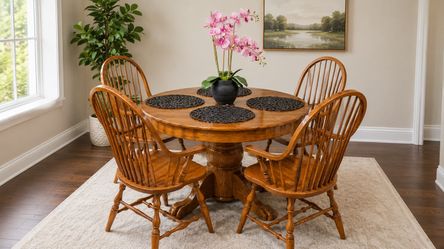 Expandable Solid Oak Dining Table W/3 Leaves & 4 Chairs. Delivery Available 🚚.