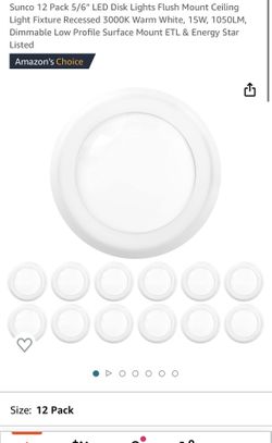 Sunco 12 Pack 5/6” LED Disk Lights Flush Mount Ceiling Light Fixture Recessed 3000K Warm White, 15W, 1050LM, Dimmable Low Profile Surface Mount ETL & 