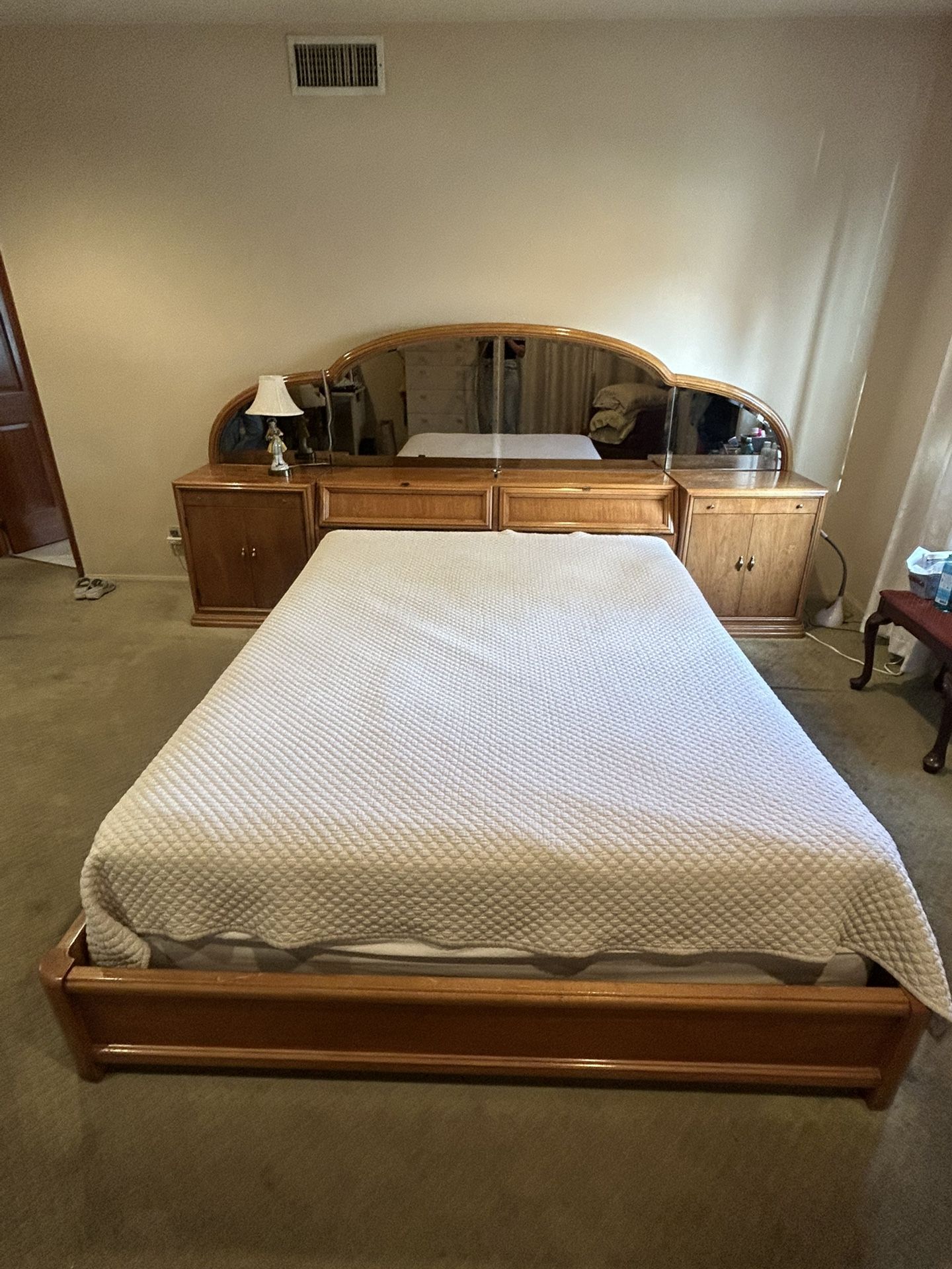 Bedroom Set With Nightstand And Mirror. Sold Wood.