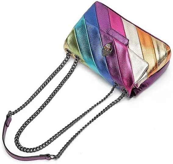Rainbow Stripe Crossbody Shoulder Bag for Women Color Blocking PU Leather Colourful Purse with Chain Strap