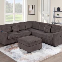 4-Piece Sectional Set W/ Ottoman RAF/LAF One-Arm Loveseat W/USB + Corner Wedge + Cocktail Ottoman  Color: Chocolate 💥 Seccional De 4 Piezas  Nuevos 