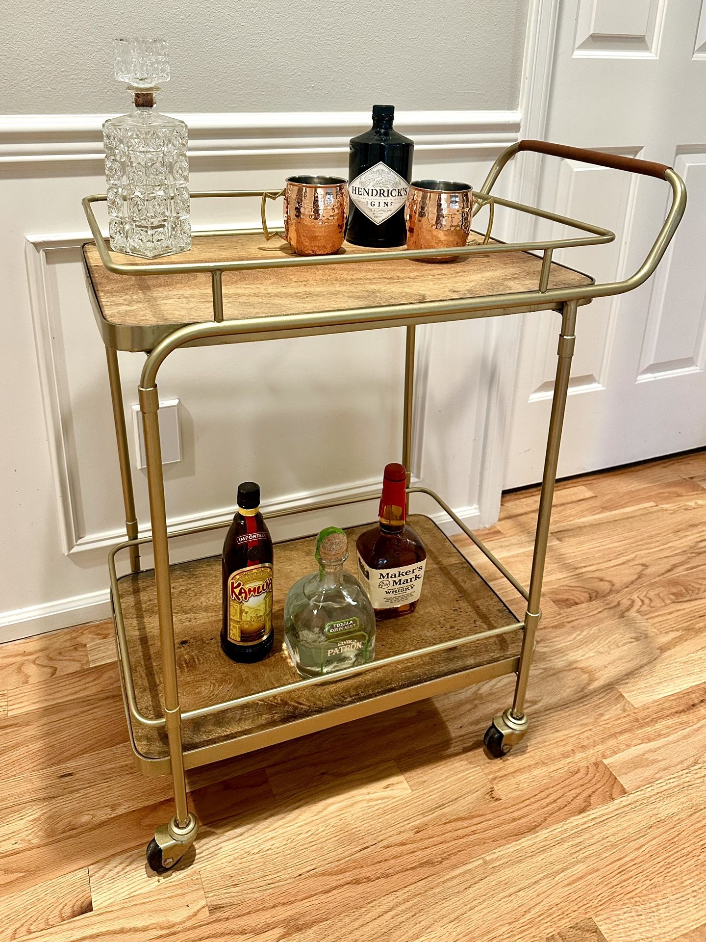 Gold And Wood Wheeled Bar Cart