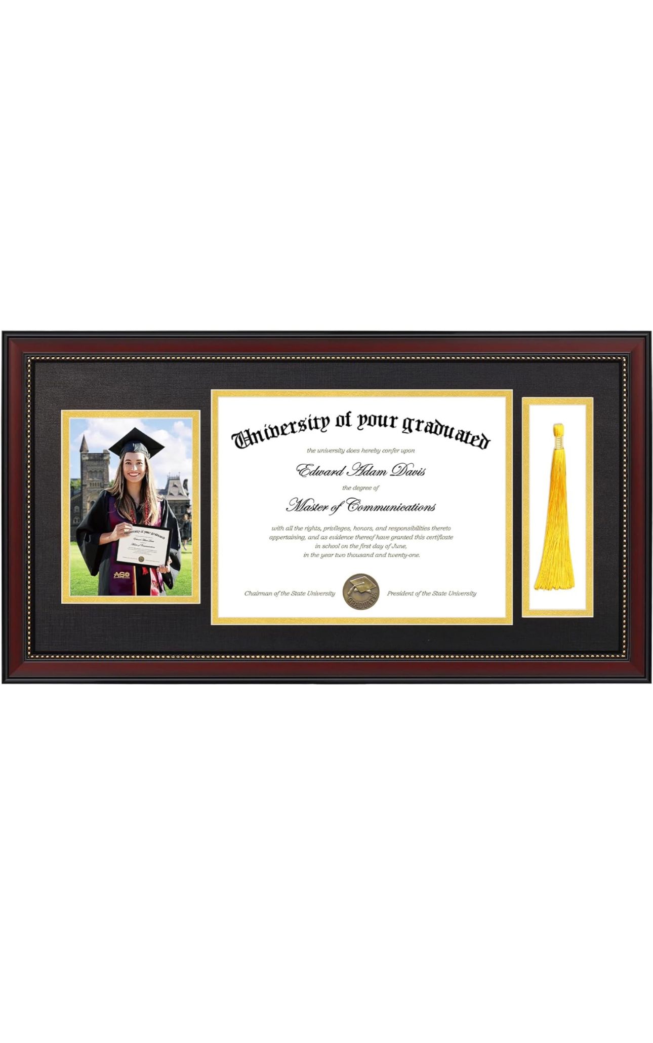 upsimples 11x22 Diploma Frame with Tassel Holder for 8.5x11 Certificate and 5x7 Photo with Black over Gold Mat, High Definition Glass, Mahogany with G