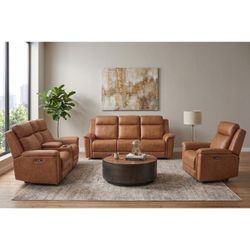 3PC ANTIQUE BROWN Real Leather Match Power Recliners Sofa Set w/ Power Headrest