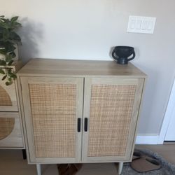 Modern Wood Cabinet with Cane Doors | 2-Shelf Storage Console