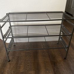 For sale barely used Seville Clasics  3-tier stackable Ash Grey metal shoe rack
