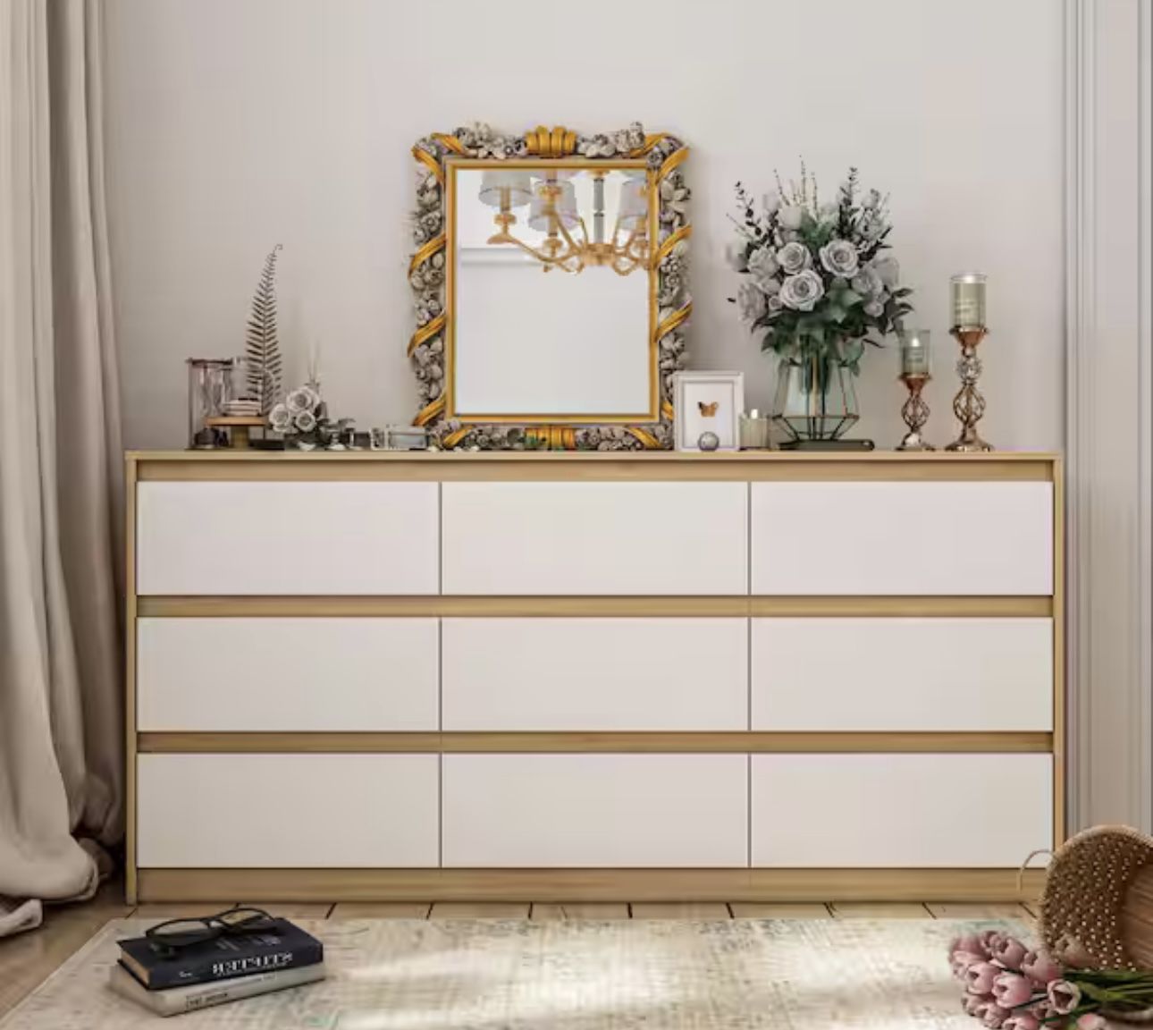 Natural Brown 9-Drawer Wood Chest of Drawers 31.5 in. H x 63 in. W x 15.7 in. D Storage Cabinet