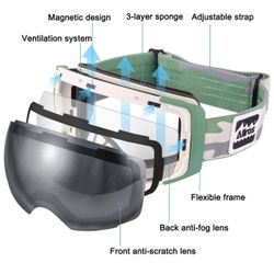 Ski Goggles Snowboard Snow Goggles OTG Magnet Dual Layers Lens 100% UV400 Protection Anti-Fog Interchangeable Lens Scratch Resistant Anti-Slip Strap