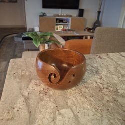 Yarn Bowl Made Of Acacia Wood, Keeps Yarn From Rolling Away W/Curled Slot For Yarn To Pass Thru & Holes To Hold Your Needles