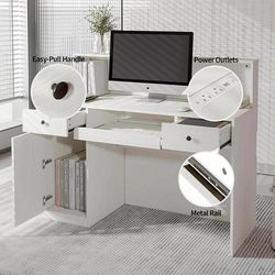 Reception Desk with LED Lights and Power Outlets, Retail Counter with Drawers, White A-22