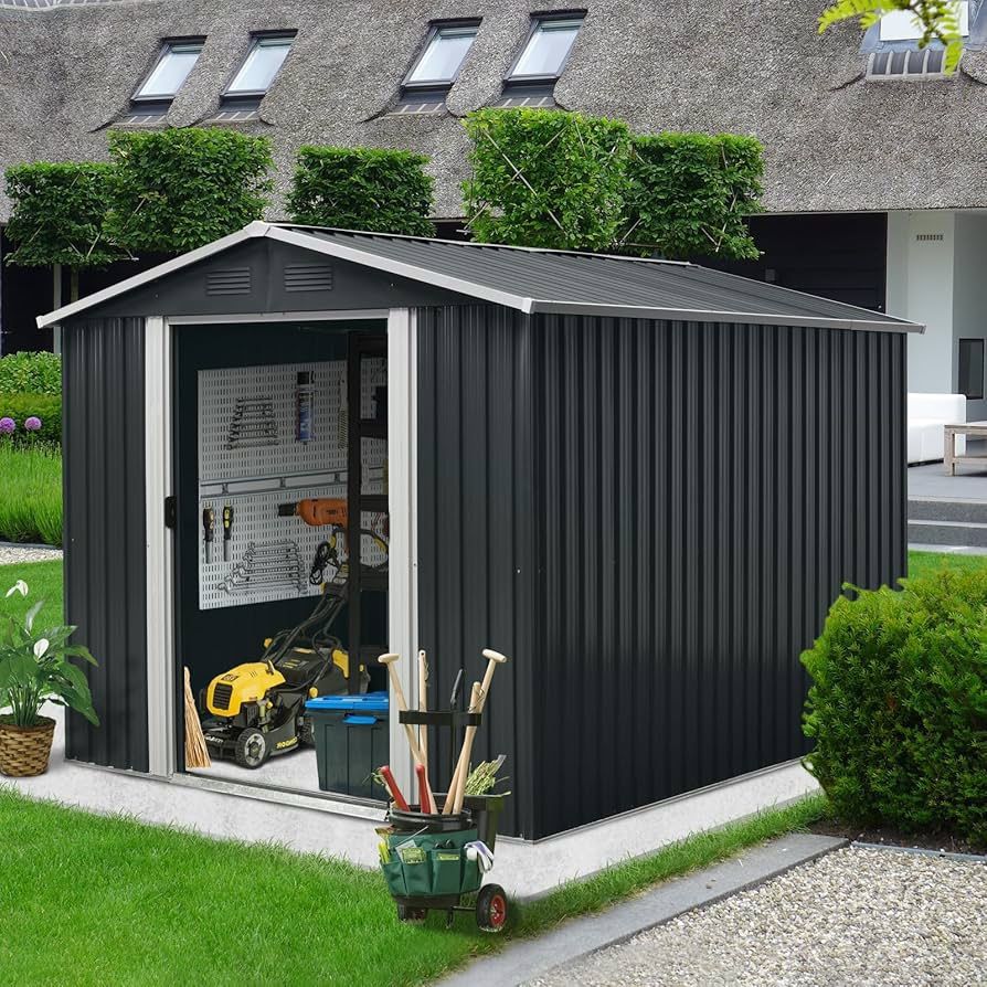 8x10 FT Metal Storage Shed with Floor Base, Steel Tool Shed with Lockable Door, Storage Shed, Black