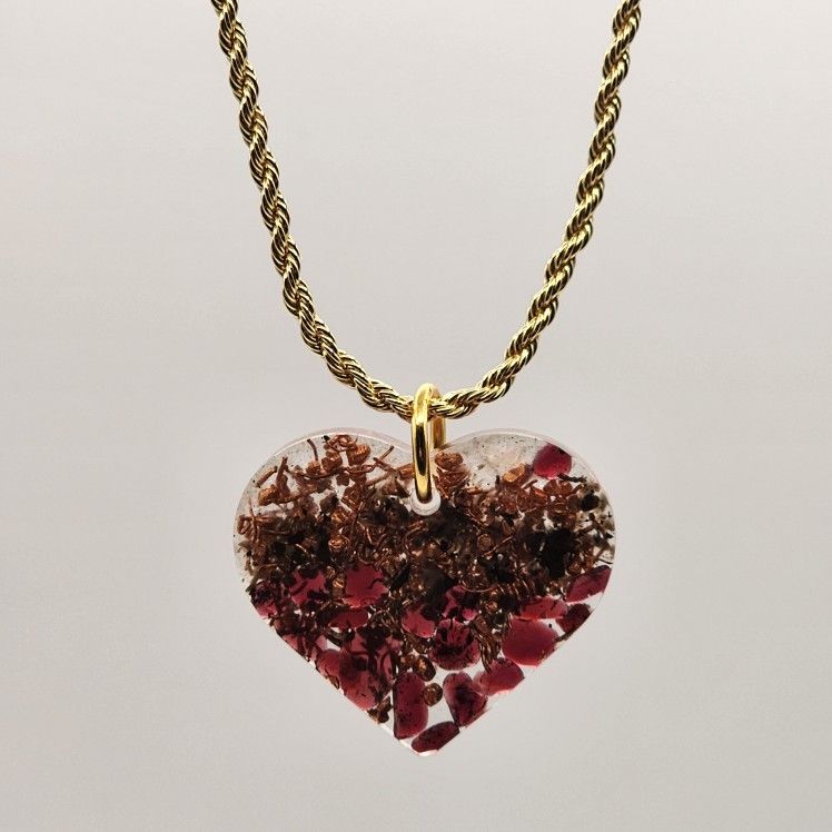 Heart Energy Orgonite Pendant – EMF Protection, Garnet, Onyx, Rose Quartz, Gold plated Chain, One-of-a-Kind