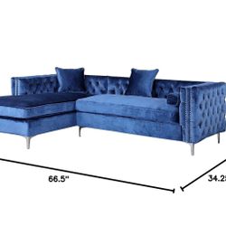 Iconic Home Da Vinci Tufted Silver Trim Navy Blue Velvet Left Facing Sectional Sofa