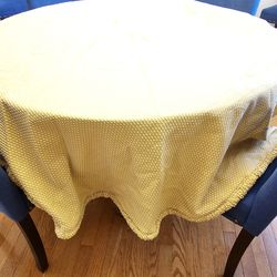 $35.00 - 86" Round Tablecloth, Yellow with White Polka Dots!  Perfect for Spring and Easter!  Quality Fabric & Finish!