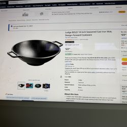 Lodge 14” Cast Iron Wok with Wooden Lid – Like New