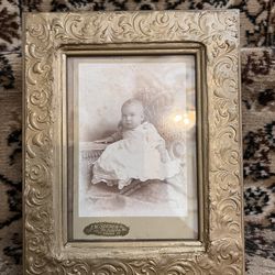 Authentic Antique Baby Photograph In Ornate Wood Frame 