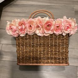 Gretchen Scott Vintage Flower Wicker Basket Huge Purse Beach Tote Bag Table Centerpiece