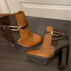 Caramel And Chocolate Leather Aldo Close-toe High Heel Ankle Boots With Faux Fur On Inside Women’s 7