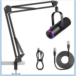 XLR/USB Podcast Microphone, Gaming Mic with Mute Button, Reverb Effects, Noise Cancellation, Boom Arm Stand, Headphones Jack, Dynamic Microphone for S