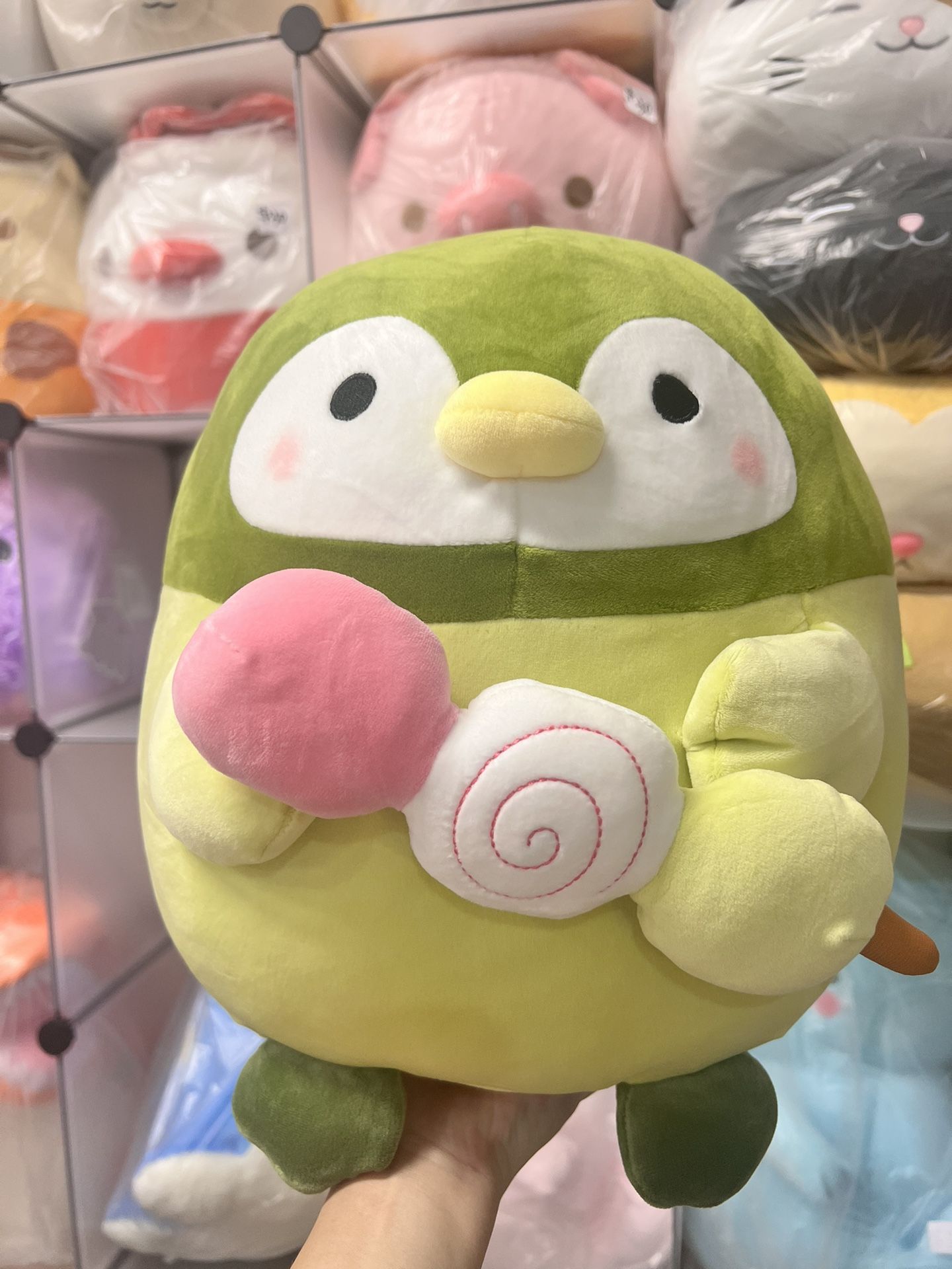 New Takashoji Green Penguin Holding Mochi 14" Plush Stuffed Toy.