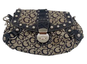 Vintage Y2K GUESS Monogram Canvas Shoulder Bag Faux Croc Studded Flap Purse