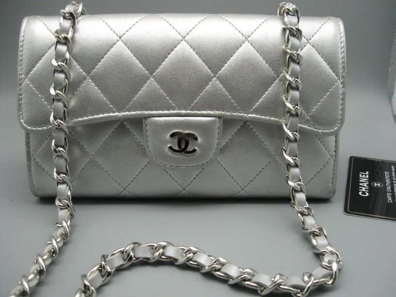 Authentic Chanel Metallic Silver Lambskin Leather CC Flap Bag Wallet
