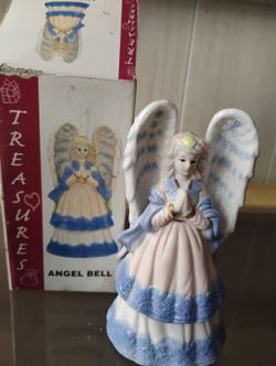 Vintage Porcelain Angel Bell Figurine - Blue & White Praying Angel with Box