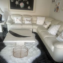 Used Genuine Leather Sectional With Acrylic Legs, Coffee Table, One End Table, Sofa Table, Dining Table, Six Chairs& Wall Unit